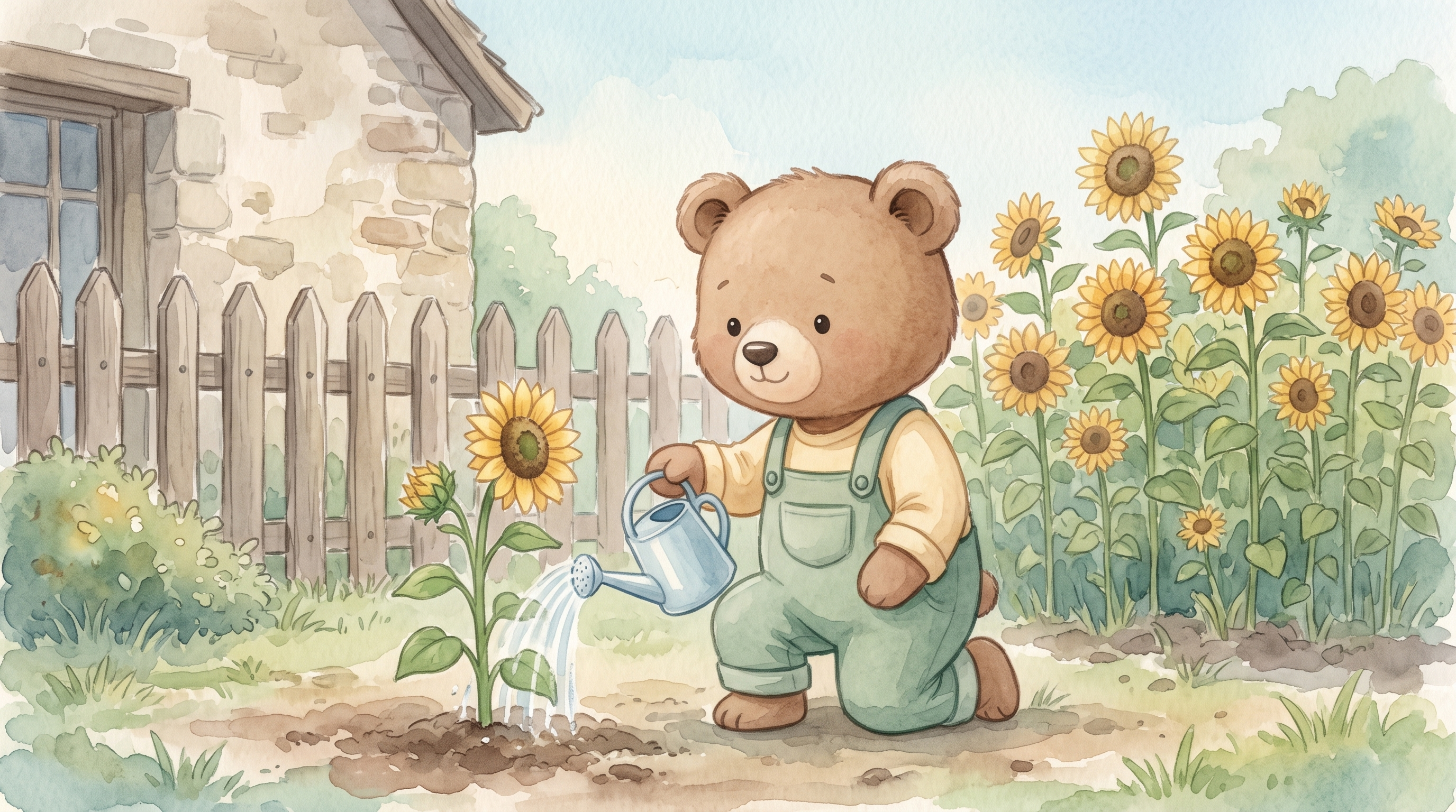 New story-page image generated in this run, with recognizable Milo and extra background sunflowers