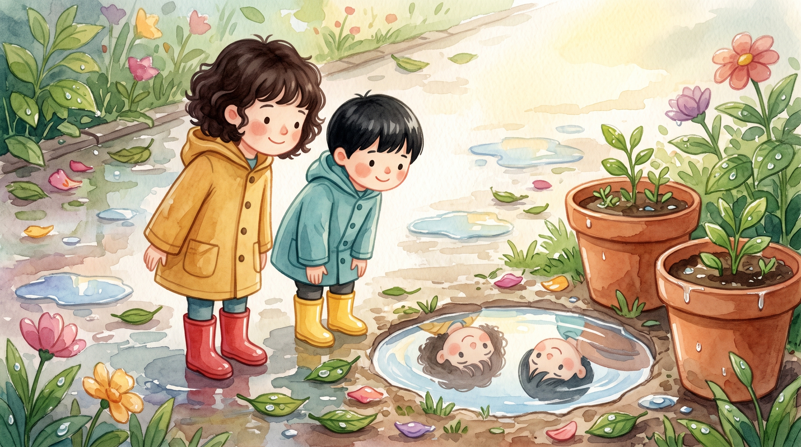 June and Pip in the newly generated watercolor story page