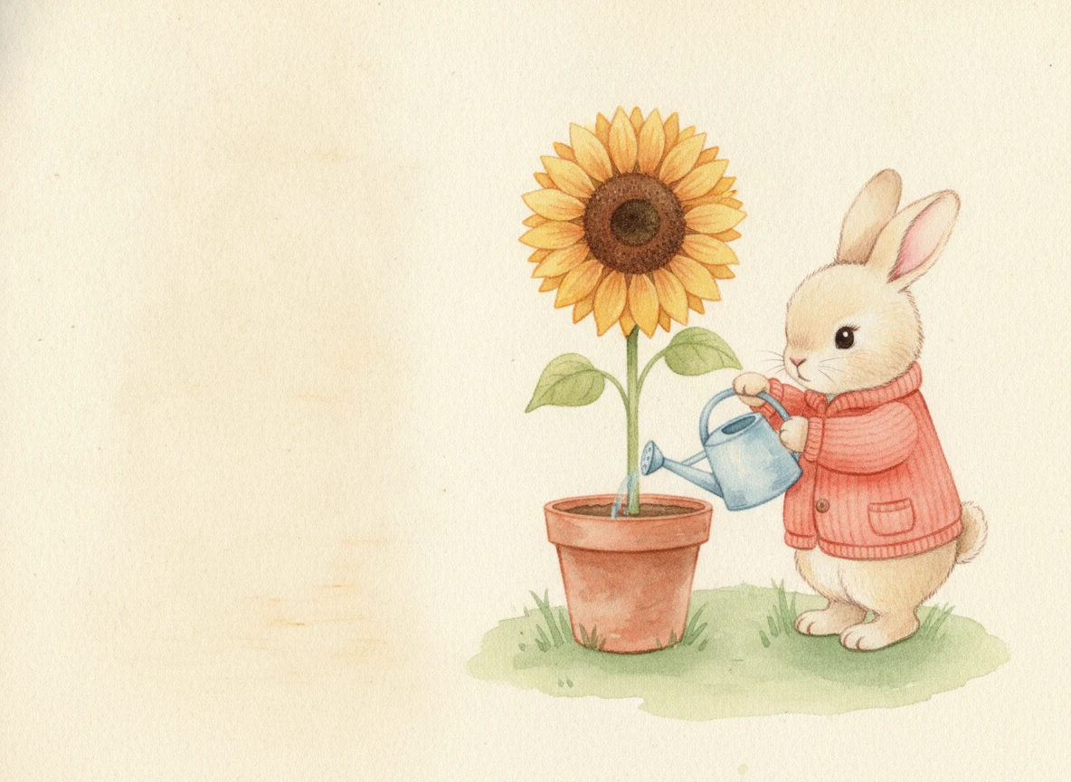 Finished illustration: the rabbit and sunflower sit to the right of an open ivory text area.