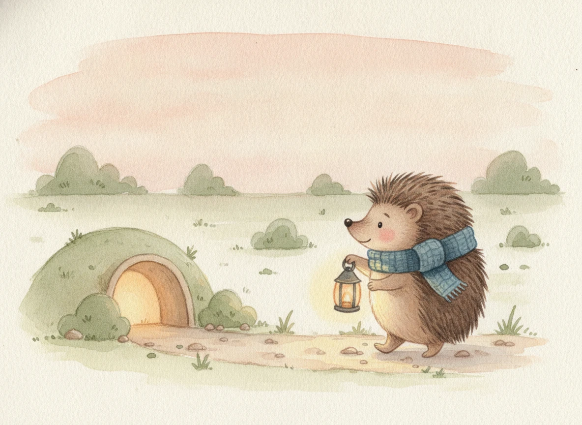Finished illustration: the hedgehog, short path and warmly lit home share an open clearing.
