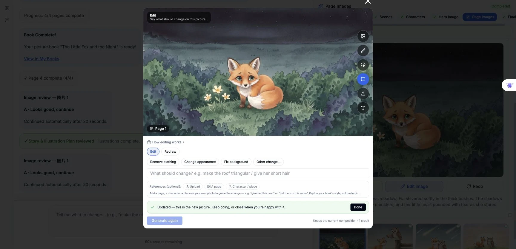 The completed correction shown in the modal with Updated and Done