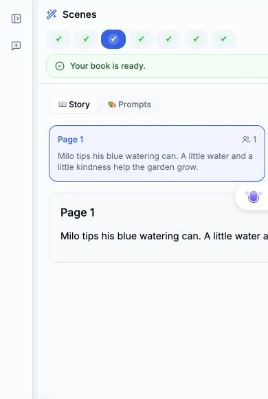 Phone-size Scenes editor with the page details clipped on the right