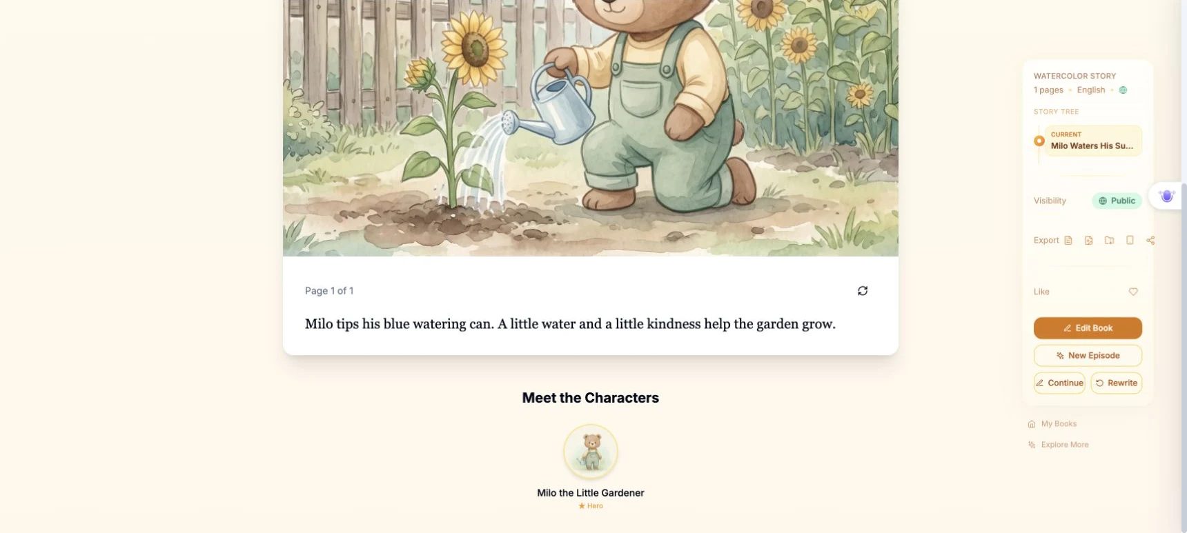 Reading page after the text edit with the existing watercolor illustration