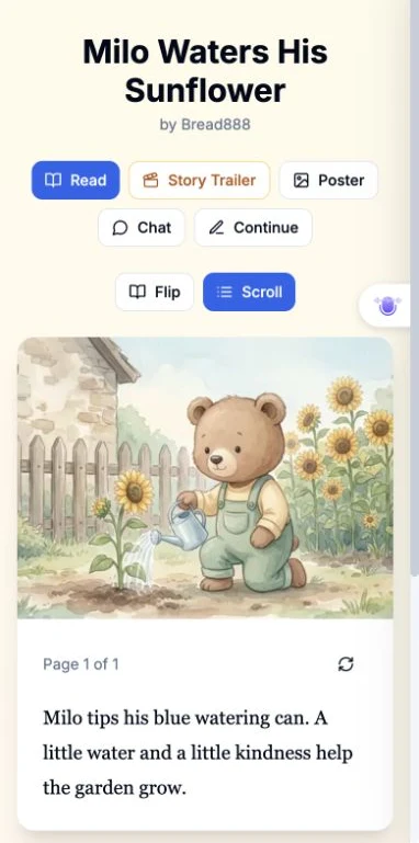 The updated story text and original illustration in the 390-pixel-wide reader