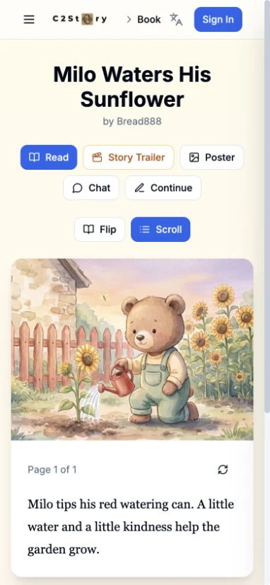 Signed-out phone-size reader with the image and caption