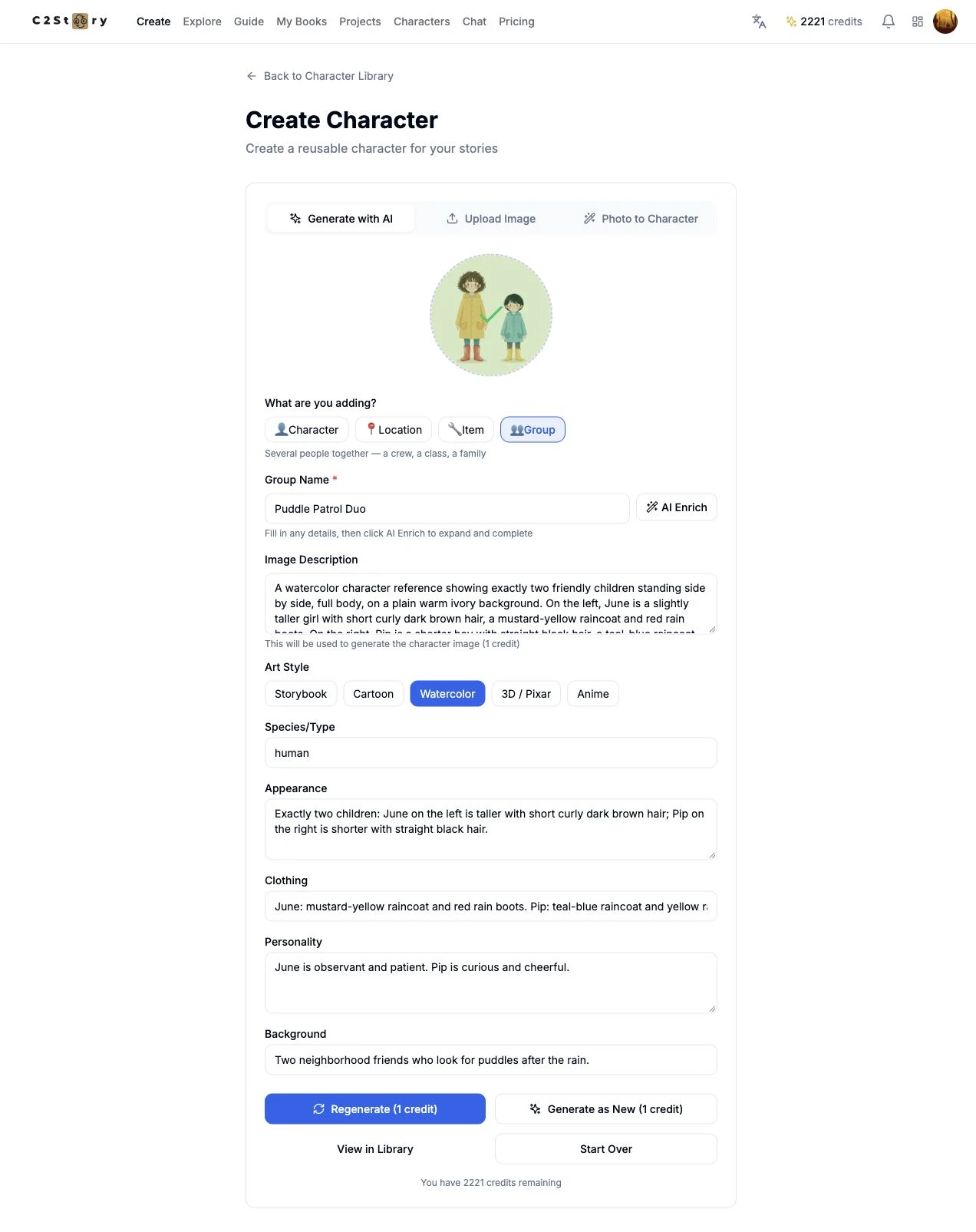 Completed creation form showing the generated image and View in Library