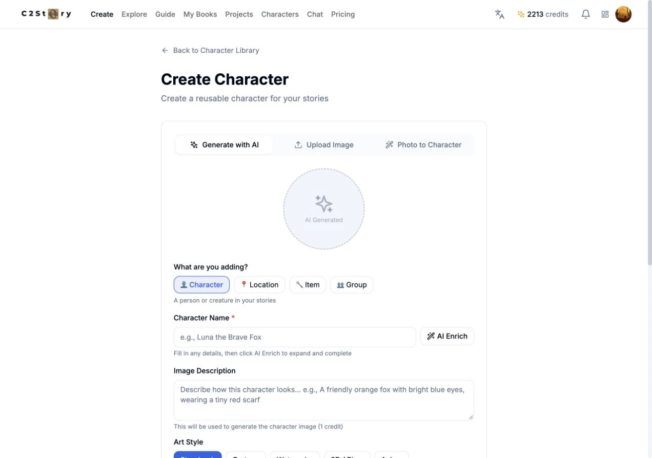 The live Create Character form before entry