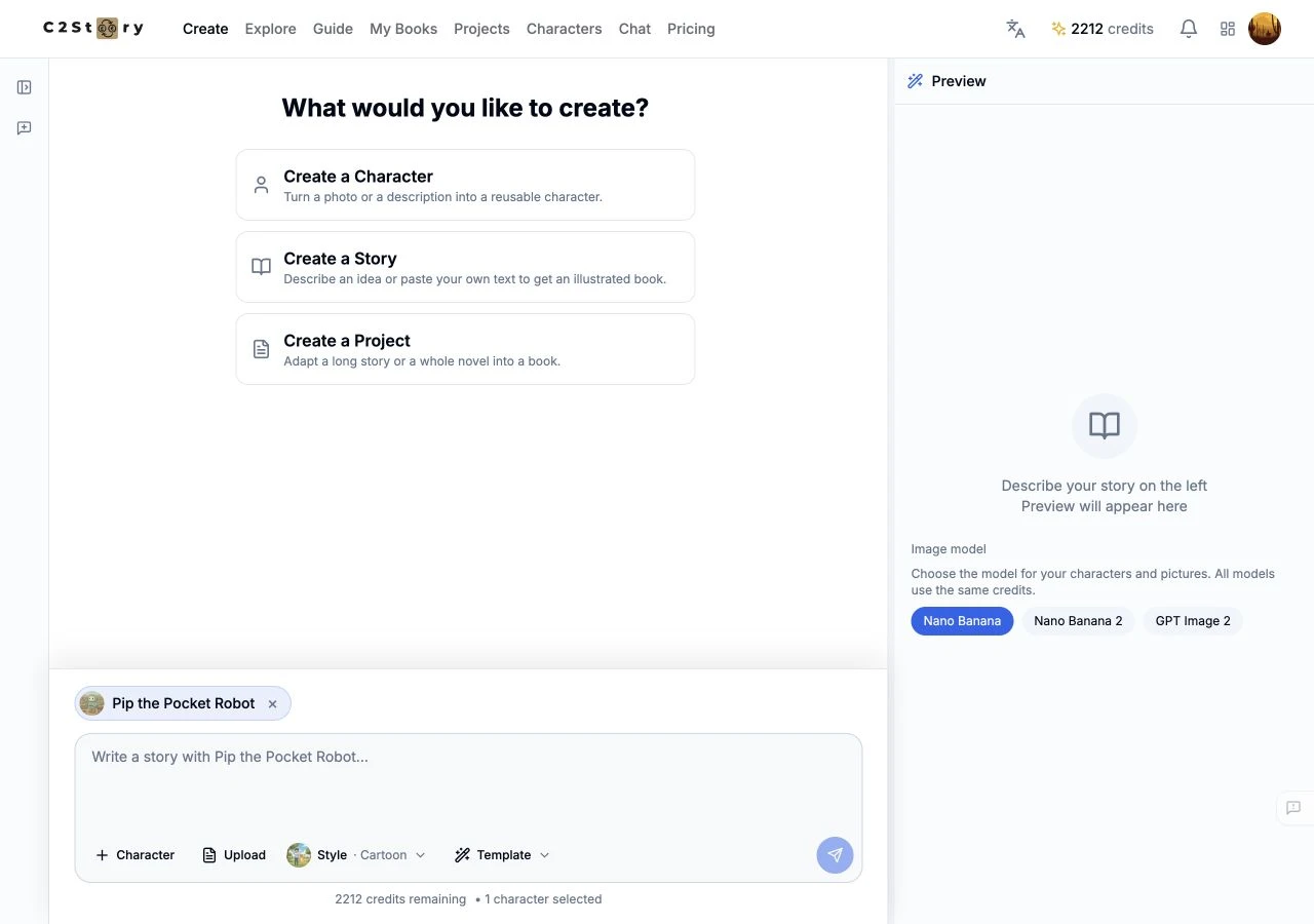 Create page with Pip selected as one character reference and an empty story input