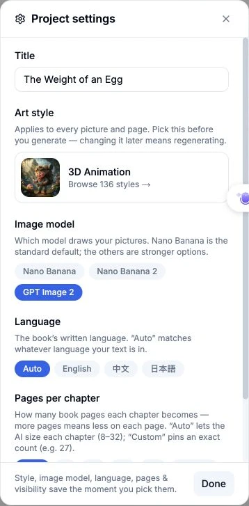 Phone-size project settings after a full page refresh, with GPT Image 2 selected