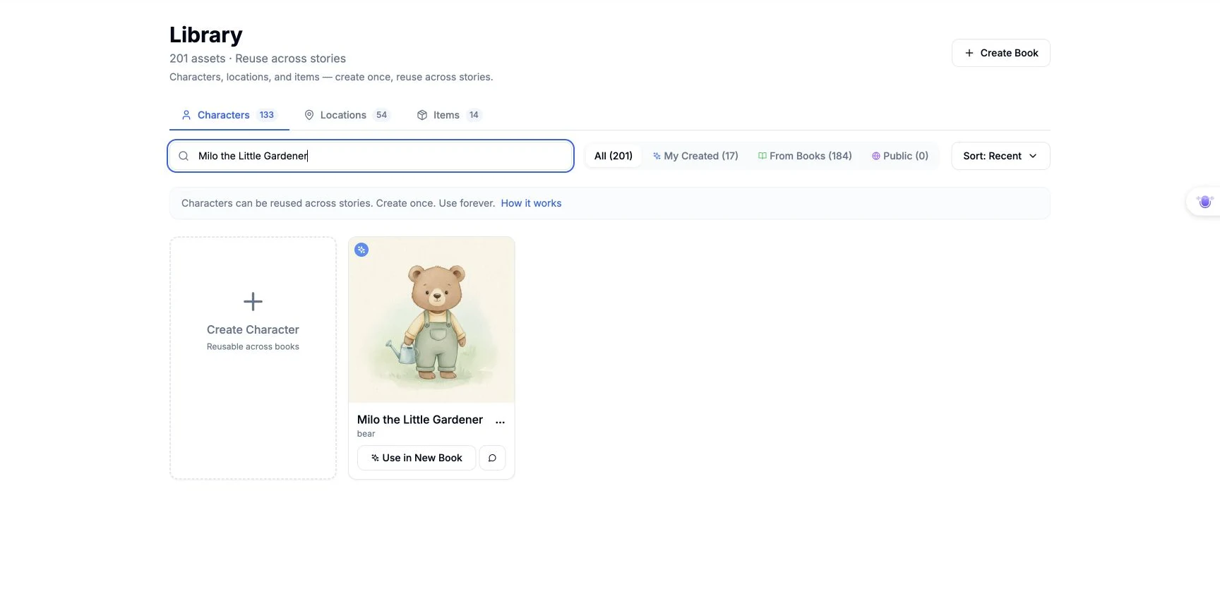Library search showing the existing Milo card and Use in New Book