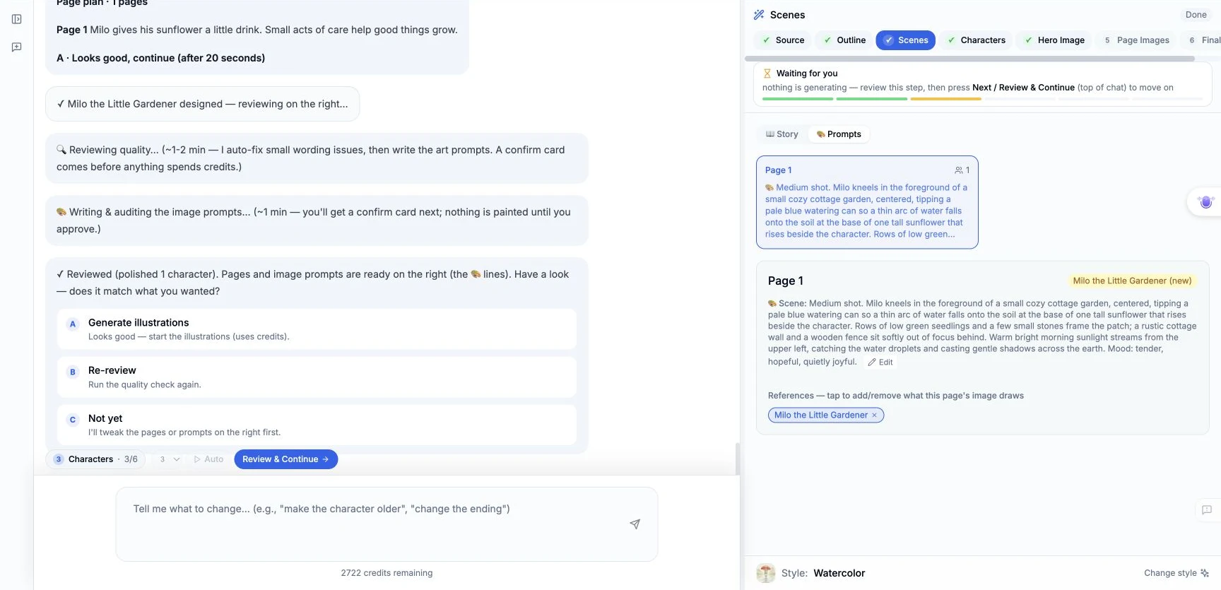 Reviewed scene prompt with Milo selected in References and Generate illustrations confirmation