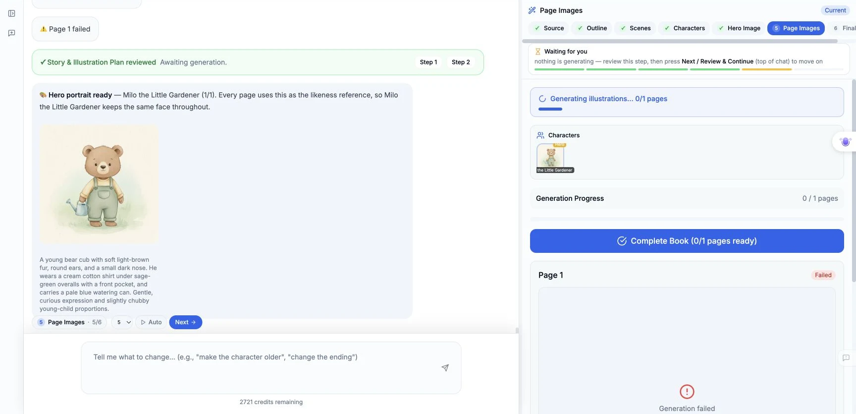 Reopened session showing Page 1 Failed and no result image