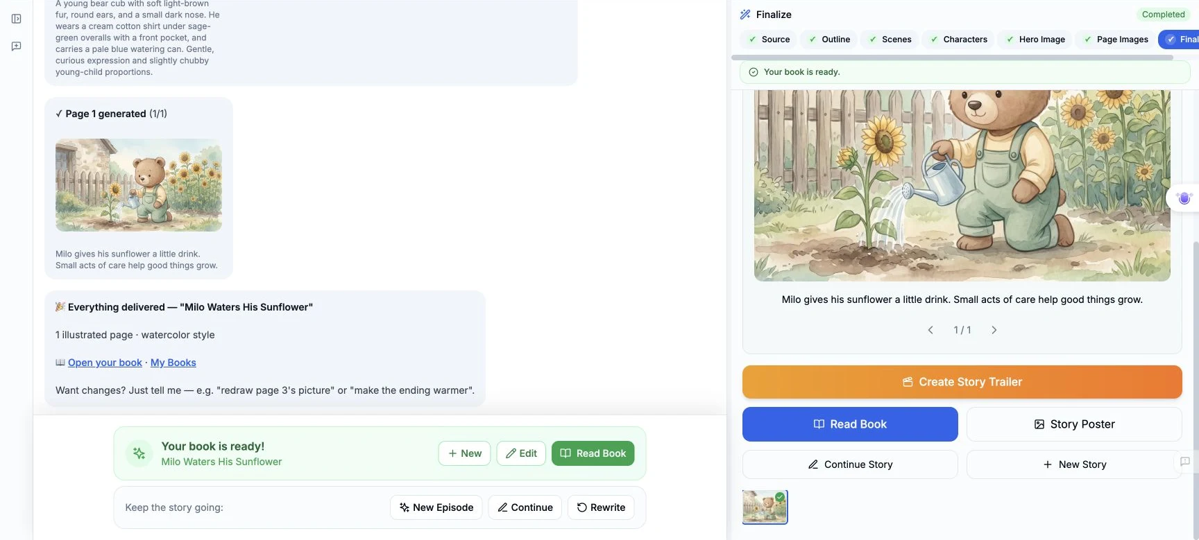 Successful Finalize result showing Everything delivered and one illustrated page