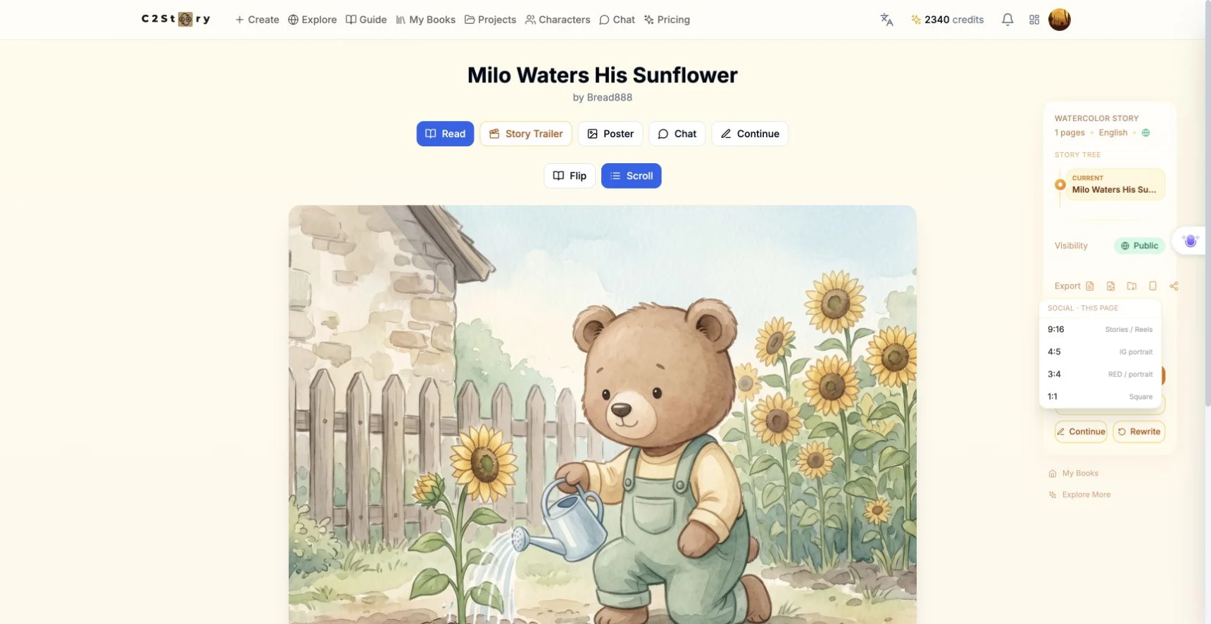 The Social image menu opened beside the saved story page
