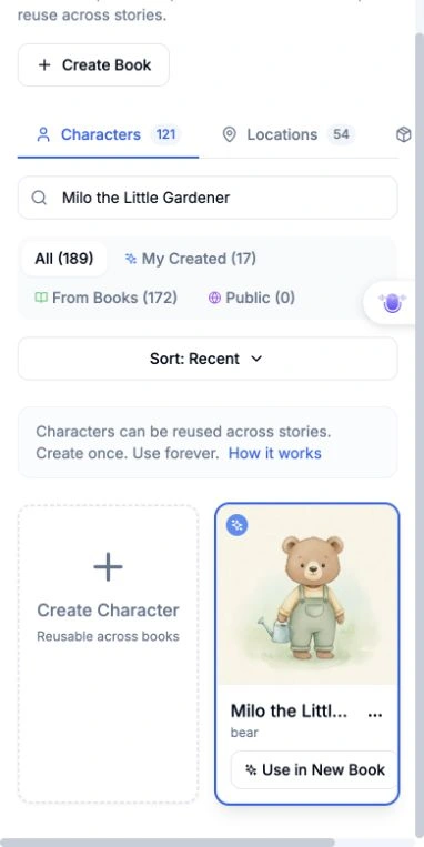 Phone-sized view of the saved character card and its story action.