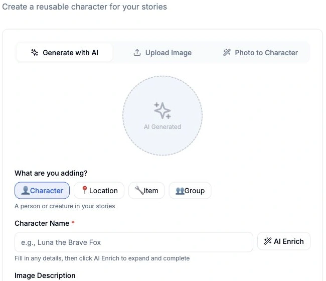 The actual Create Character form: Generate with AI and the Character asset type.