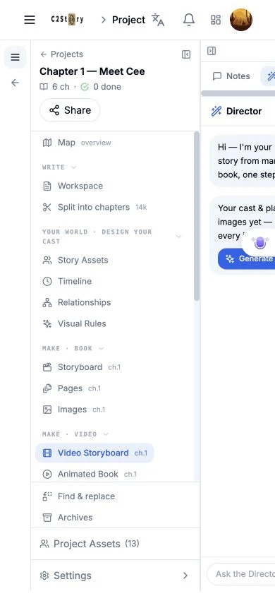 Initial 390 by 844 layout with the project sidebar and context panel occupying the workspace